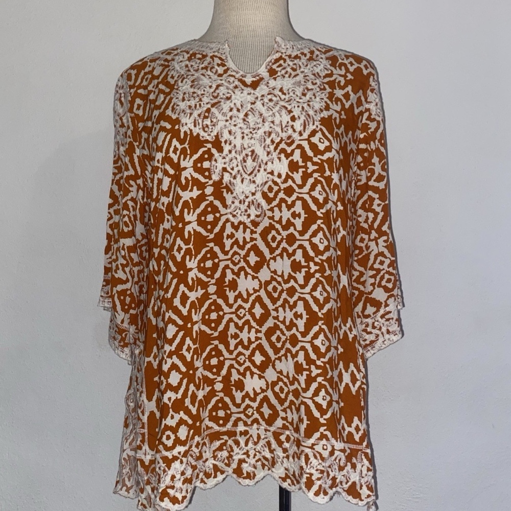 SOLITAIRE Blouse Womens XL Top Geometric Orange